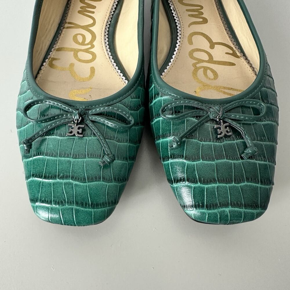 Sam Edelman Shoes Womens 8M Jillie Ballet Flats Green Croc Texture Bow Preppy - Picture 4 of 9